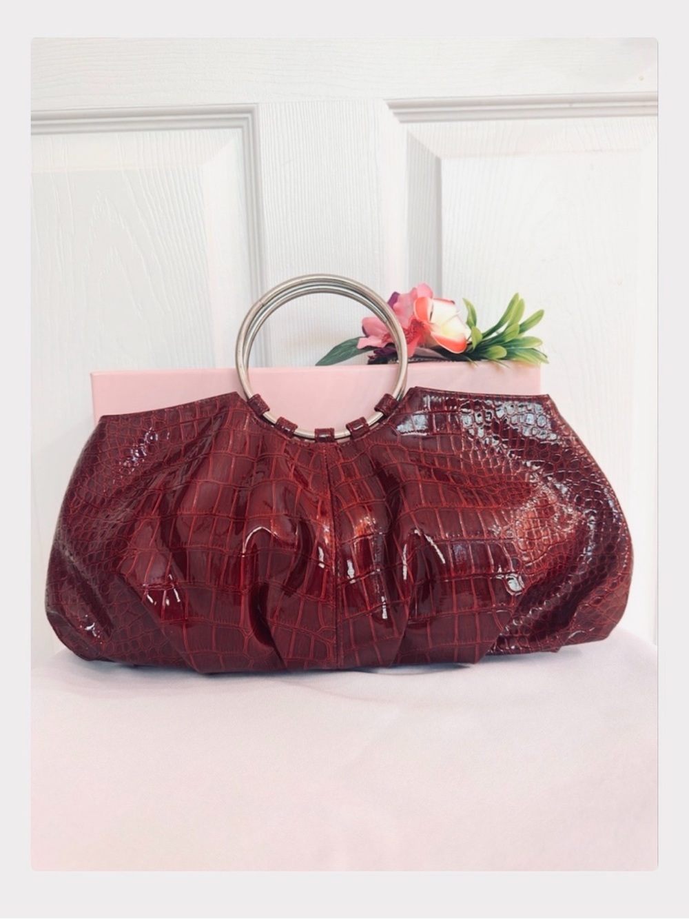 CHATEAU ~ Wine-Colored Croc Embossed Bag Silver Circular Handle Date Night